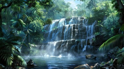 river and waterfall forest background concept