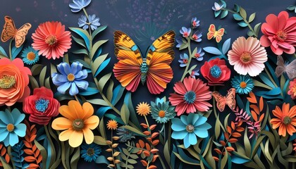 Wall Mural - A colorful paper flower arrangement with a butterfly in the middle by AI generated image