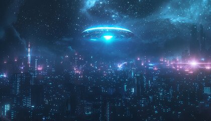 Wall Mural - A city is reflected in the water, with a large UFO flying above it by AI generated image
