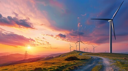 Wind turbines in a countryside setting at sunset