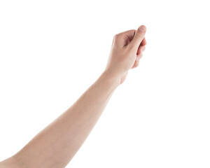Wall Mural - young adult left man hand hold something isolated on white