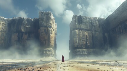 a lone figure in a red cloak stands between two towering rock formations, a misty landscape stretchi