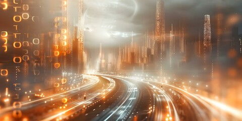 Wall Mural - Futuristic Cityscape: D Rendering of Digital Binary Towers and Highways. Concept Architecture, Technology, Urban Design, Future, Digital Art