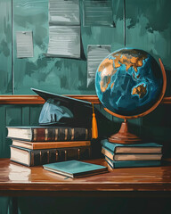 Flat design illustration of a globe, books, and graduation cap in a college classroom, representing academic success and global learning in vibrant colors.