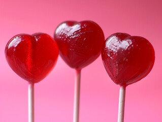 Wall Mural - Three red lollipops with a heart design on them