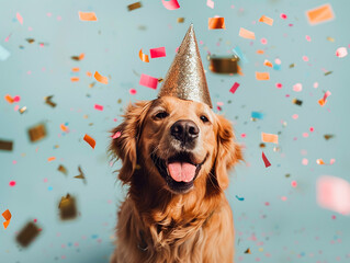 Wall Mural - A dog wearing a gold party hat is surrounded by confetti