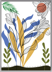 Wall Mural - botanical boho foliage line art drawing with abstract shape wall art vector
