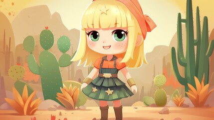 Adorable chibistyle cartoon drawing of vibrant, mountainous scenery in a vividly colored, stylized digital painting.