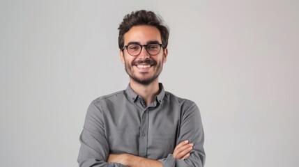 Portrait of young handsome smiling business guy wearing gray shirt and glasses, feeling confident with crossed arms, isolated on white background