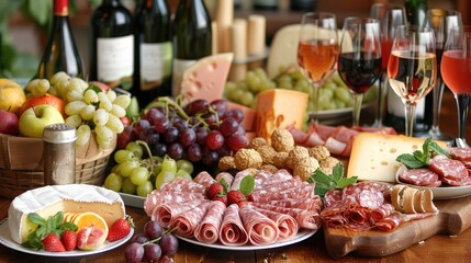 Wall Mural - Variety of cold cuts cheeses fruits wines and snacks for brunch
