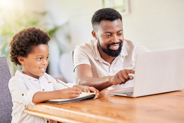 Aufkleber - Homeschool, kid writing in notebook and laptop or studying, learning or father helping. Tutor, child with homework and complete notes or happy for computer, support for schoolwork or drawing in book