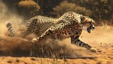 close up of a cheetah in full speed across the savanna, dust billowing in its wake, chasing its prey 