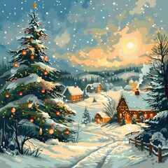 Wall Mural - Snowy Christmas Village nestled in a Mountainous Landscape