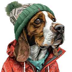 Wall Mural - A dog is wearing a green hat and a red jacket