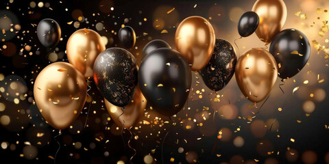 Wall Mural - gold and black balloons on dark background with confetti for birthday party or celebration event banner 