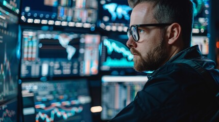 Poster - A man wearing glasses focused on a computer screen in a workplace setting.