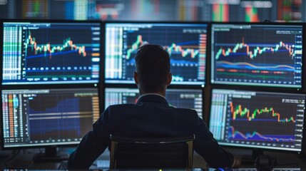 Poster - A man is seated in front of several computer monitors, engaged in work or tasks related to technology and information.