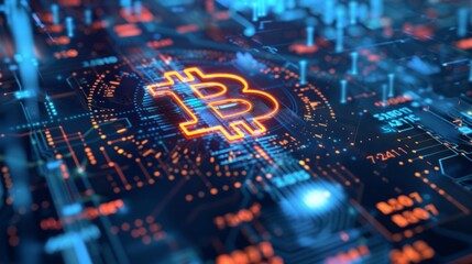 Poster - a single bitcoin placed on a digital background, symbolizing digital currency and technology.