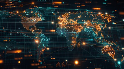 Poster - A map of the world depicted with glowing lights in various colors, representing cities and urban areas.