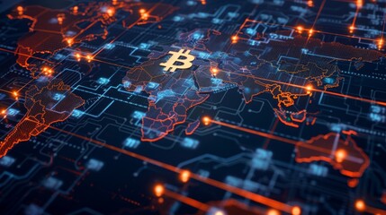 Poster - A map displaying a Bitcoin symbol, representing the integration of cryptocurrency into global financial systems.