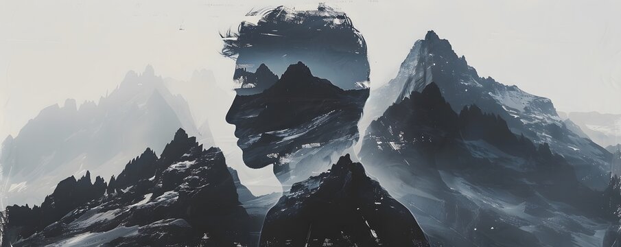 Craft a visually striking double exposure of a man intertwining with the imposing shadows of mountains in a panoramic setting Utilize digital techniques to seamlessly blend the two