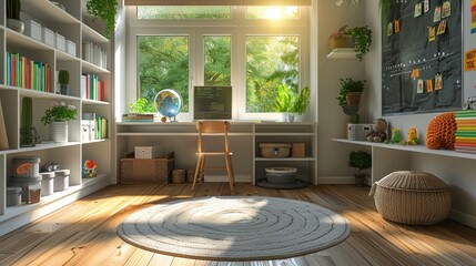 Wall Mural - Modern children's room at home. Spacious interior with a desk for studying, a chair, bookshelves, chalkboard, Earth globe, green plants, boxes, toys, and a play area with a rug, and laminate flooring