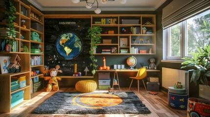 Wall Mural - Modern children's room at home. Spacious interior with a desk for studying, a chair, bookshelves, chalkboard, Earth globe, green plants, boxes, toys, and a play area with a rug, and laminate flooring