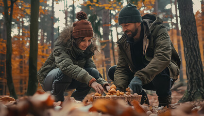 A man and a woman are picking mushrooms in the woods