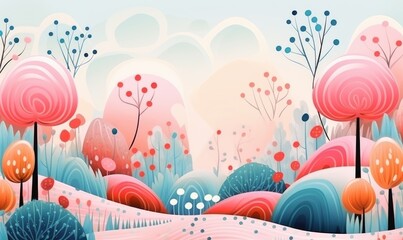Fantasy whimsical landscape with colorful trees.