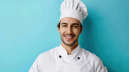 Wall Mural - Confident professional chef smiling in white uniform with hat against blue background