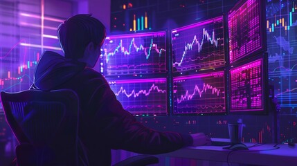 Poster - A man seated at a desk, focused on multiple computer monitors displaying data and information.