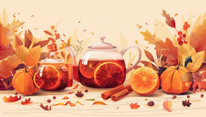 Wall Mural - A table with a teapot, a glass of orange juice, and a pumpkin