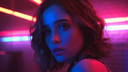 Wall Mural -  A close-up of a woman with dark hair and blue eyes in a room illuminated by neon lights gazes at the camera, with a single neon light glowing behind her