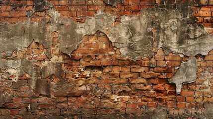 Canvas Print - Weather-beaten brick wall with chunks of missing mortar and signs of decay, telling tales of the past