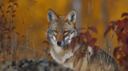 Wall Mural -  A tight shot of a wolf amidst a sea of tall grass and autumnal trees The backdrop is a blurred palette of red and yellow leaves