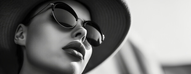 Wall Mural - Monochrome Close-Up Of A Woman Wearing Sunglasses And Hat From High Angle