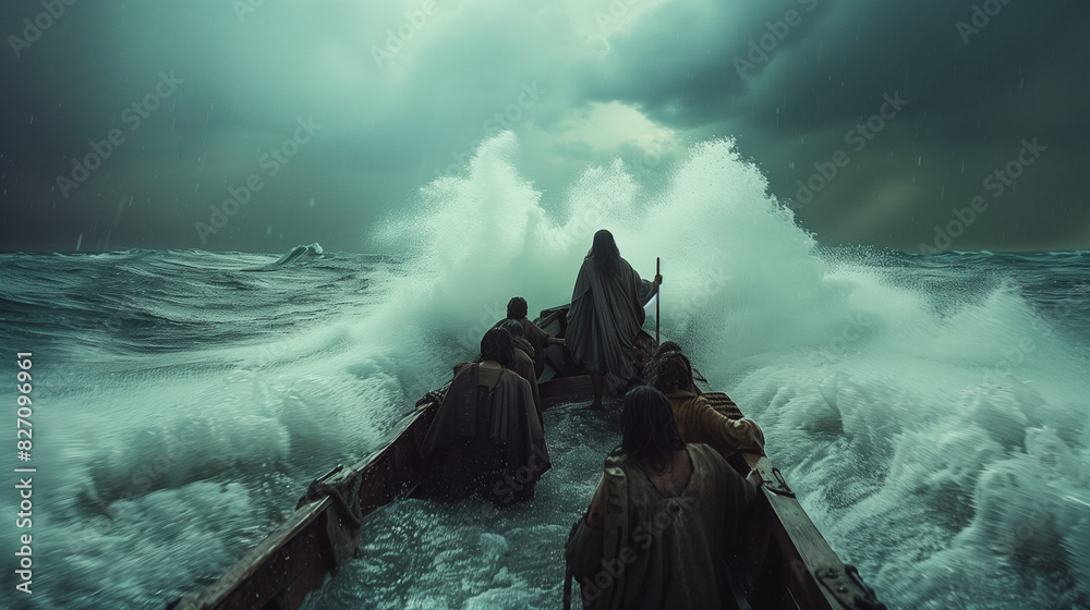 Jesus calming the storm on the Sea of Galilee, standing at the bow of a ...