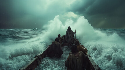 Jesus calming the storm on the Sea of Galilee, standing at the bow of a small boat with his disciples looking on in awe. The scene captures the dramatic moment as the raging waters and dark skies 