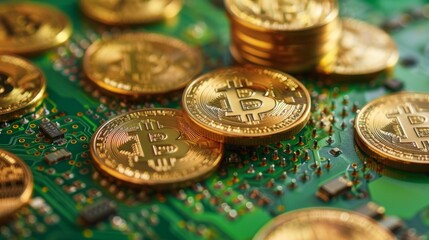 Poster - a collection of bitcoins stacked on top of a computer chip, illustrating the concept of digital curr