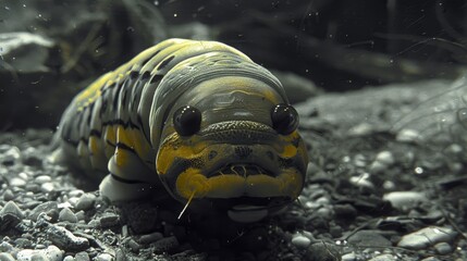 Wall Mural -  A close-up of a yellow and black fish on gravel ground, surrounded by rocks Background features water droplets on its head and bottom