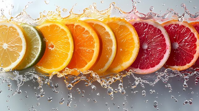 a bright citrus medley juice splash against a clean white background