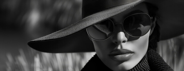 Wall Mural - Sophisticated Woman in Wide-Brimmed Hat and Sunglasses, Grayscale Close-Up