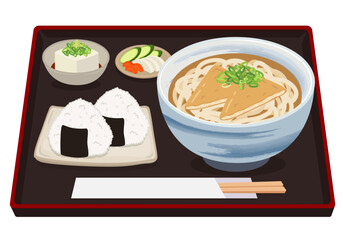 Wall Mural - 食事_和食_麺類_きつねうどん定食_おにぎり