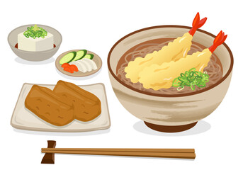 Wall Mural - 食事_和食_麺類_天ぷらそば定食_いなり寿司