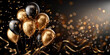 © Planetz - black golden balloons on dark background, party, happy birthday, copy space
