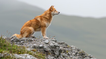 Wall Mural -  A brown-and-white dog sits atop a rocky hill, beside a hill covered in grass and flowers A mountain with a foggy background looms in the distance