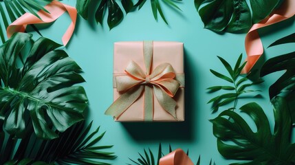 A beautifully adorned gift box with a ribbon bow, surrounded by tropical leaves, placed on a flat lay solid color background with plenty of copy space.