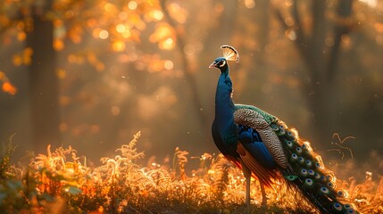 Wall Mural - A peacock walking through a sunlit meadow, its feathers shimmering in the light, illustrating serenity and grace List of Art Media Photograph inspired by Spring magazine