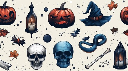 An occult cartoon seamless pattern featuring a snake familiar, a skull bone, and a witch spell book.