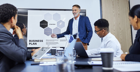 Poster - Presentation, screen and business people in office for strategy, planning and performance review. PPT, speaker and professional team in workshop for meeting, development and business opportunity.
